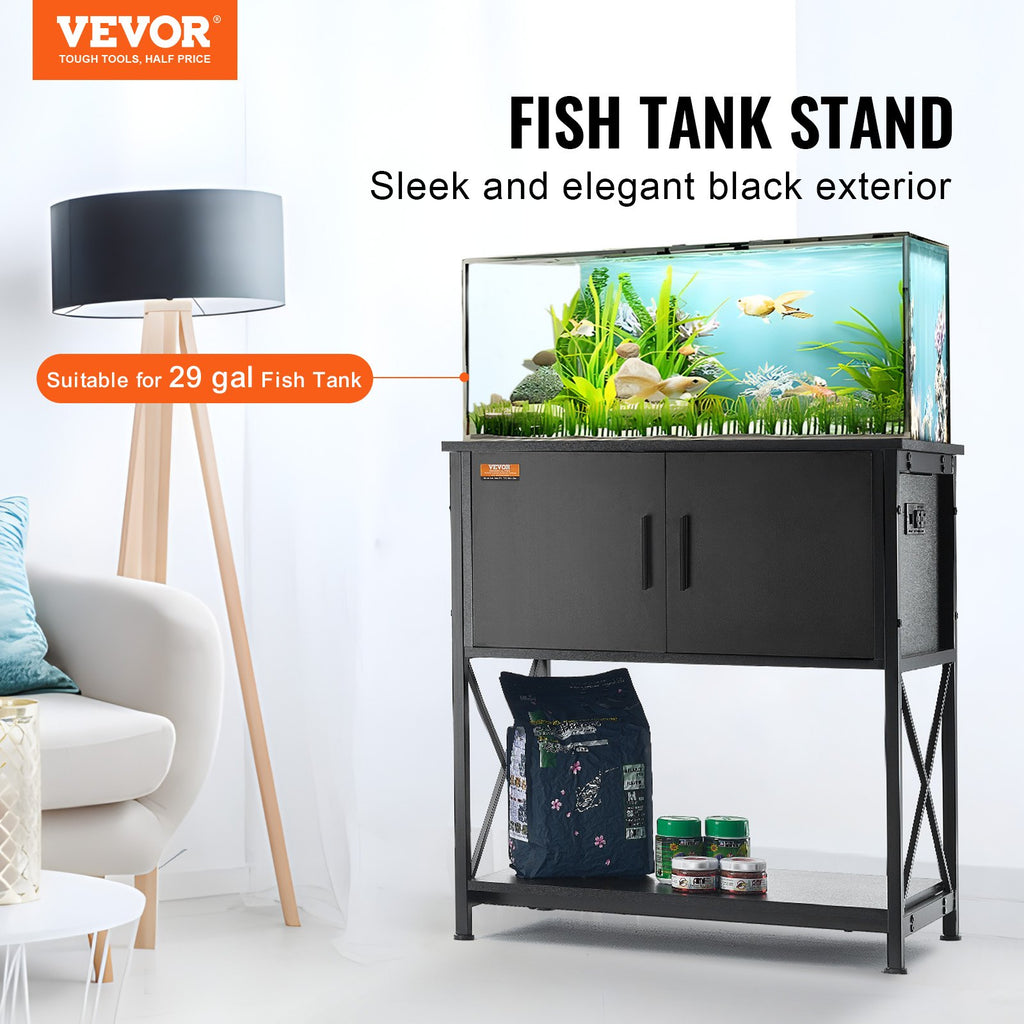 Aquarium Stand, 29 Gallon Fish Tank Stand, 28.7 X 16.5 X 30 In Steel And MDF Turtle Tank Stand, 242.5 Lbs Load Capacity, Reptile Tank Stand With Storage Cabinet And Embedded Power Panel, Black