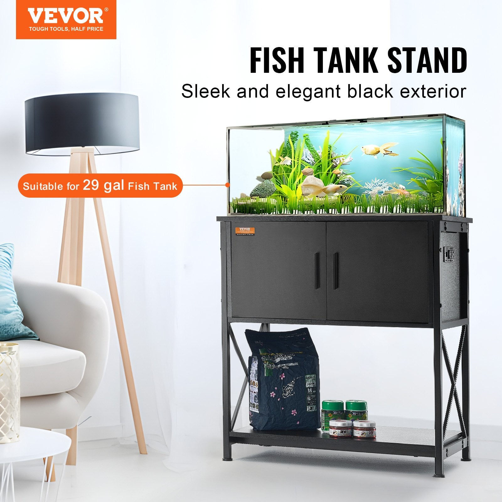 Aquarium Stand, 29 Gallon Fish Tank Stand, 28.7 X 16.5 X 30 In Steel And MDF Turtle Tank Stand, 242.5 Lbs Load Capacity, Reptile Tank Stand With Storage Cabinet And Embedded Power Panel, Black
