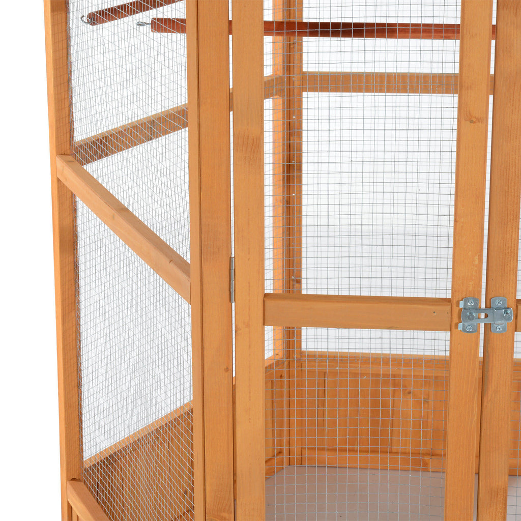 69 Large Wooden Bird Aviary Hexagonal Outdoor Aviary Flight Bird Cage With Covered Roof, Brown