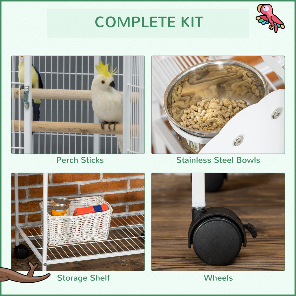 55" Large Parrot Cage with Toy Hooks Above Top Bird Perch, Tray, Food Cups, Rolling Stand, Bird Cage for Cockatiels, Parakeets, Lovebirds