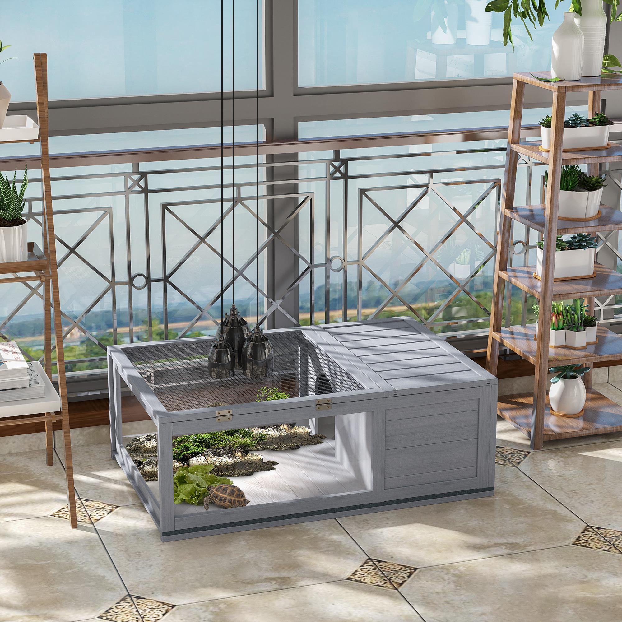 PawHut Tortoise House, Small Reptile Wooden House, With Mesh Roofs, Side Panels, For Turtles, Lizards, Geckos And Snakes