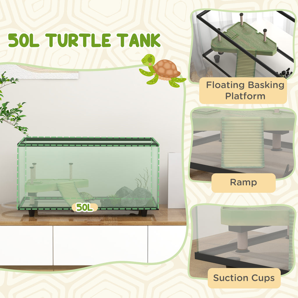 PawHut 50L Glass Turtle Tank Aquarium With Basking Platform, Easy Drainage, Strip Patch Thermometer