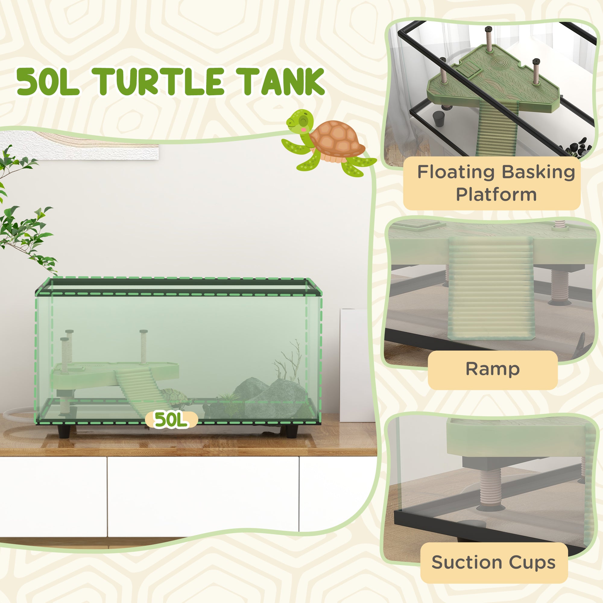 PawHut 50L Glass Turtle Tank Aquarium With Basking Platform, Easy Drainage, Strip Patch Thermometer