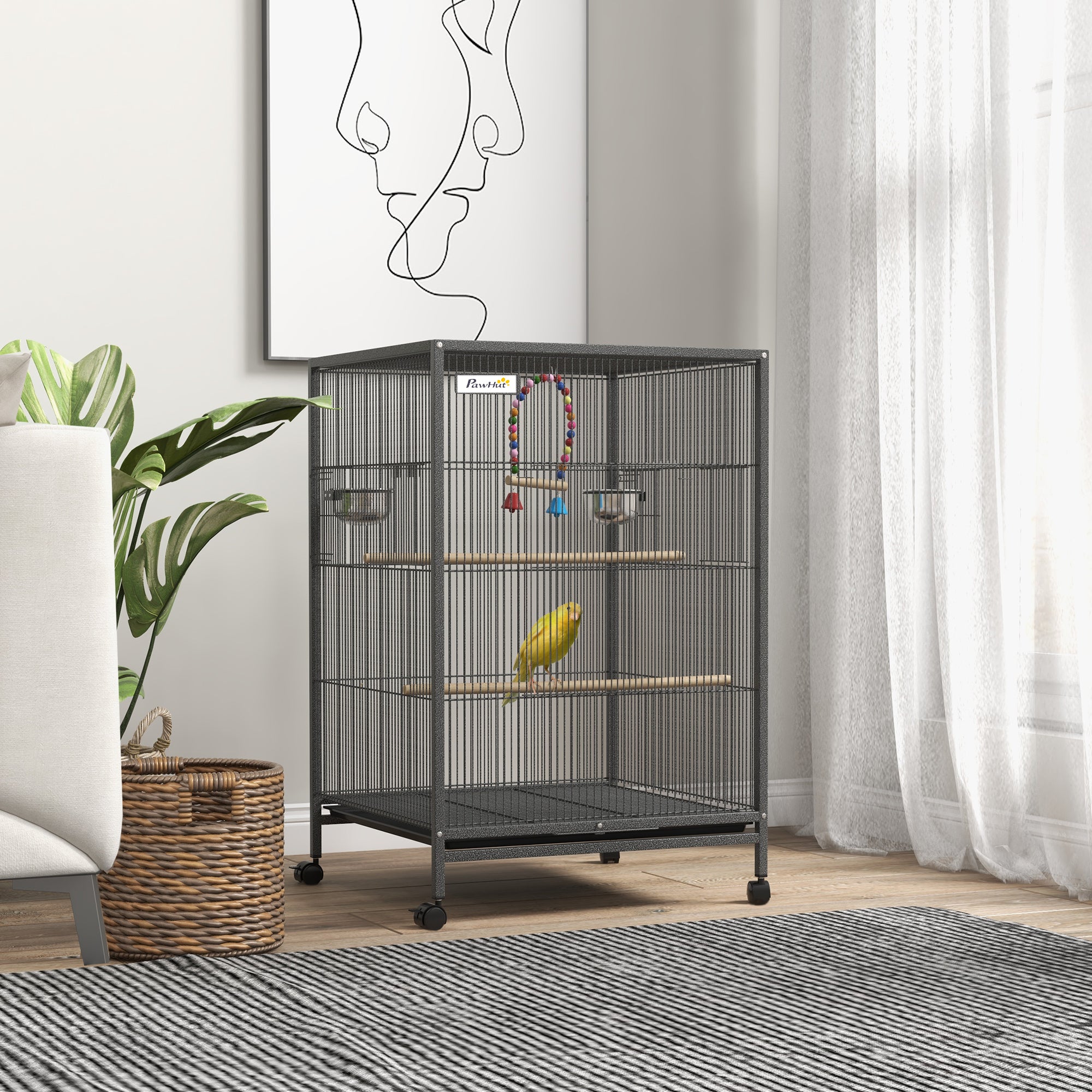 PawHut Bird Cage, Budgie Cage, With Rolling Stand, For Small Birds - Grey
