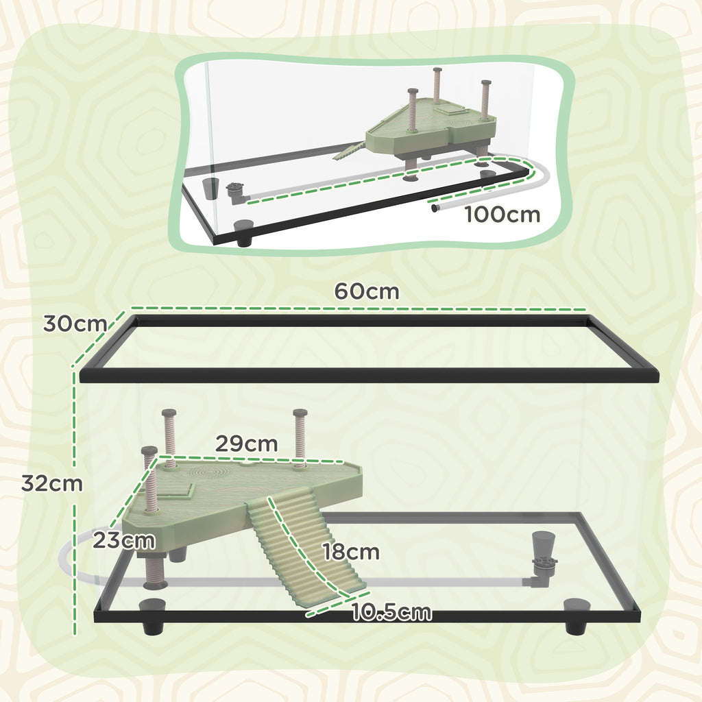 PawHut 50L Glass Turtle Tank Aquarium With Basking Platform, Easy Drainage, Strip Patch Thermometer
