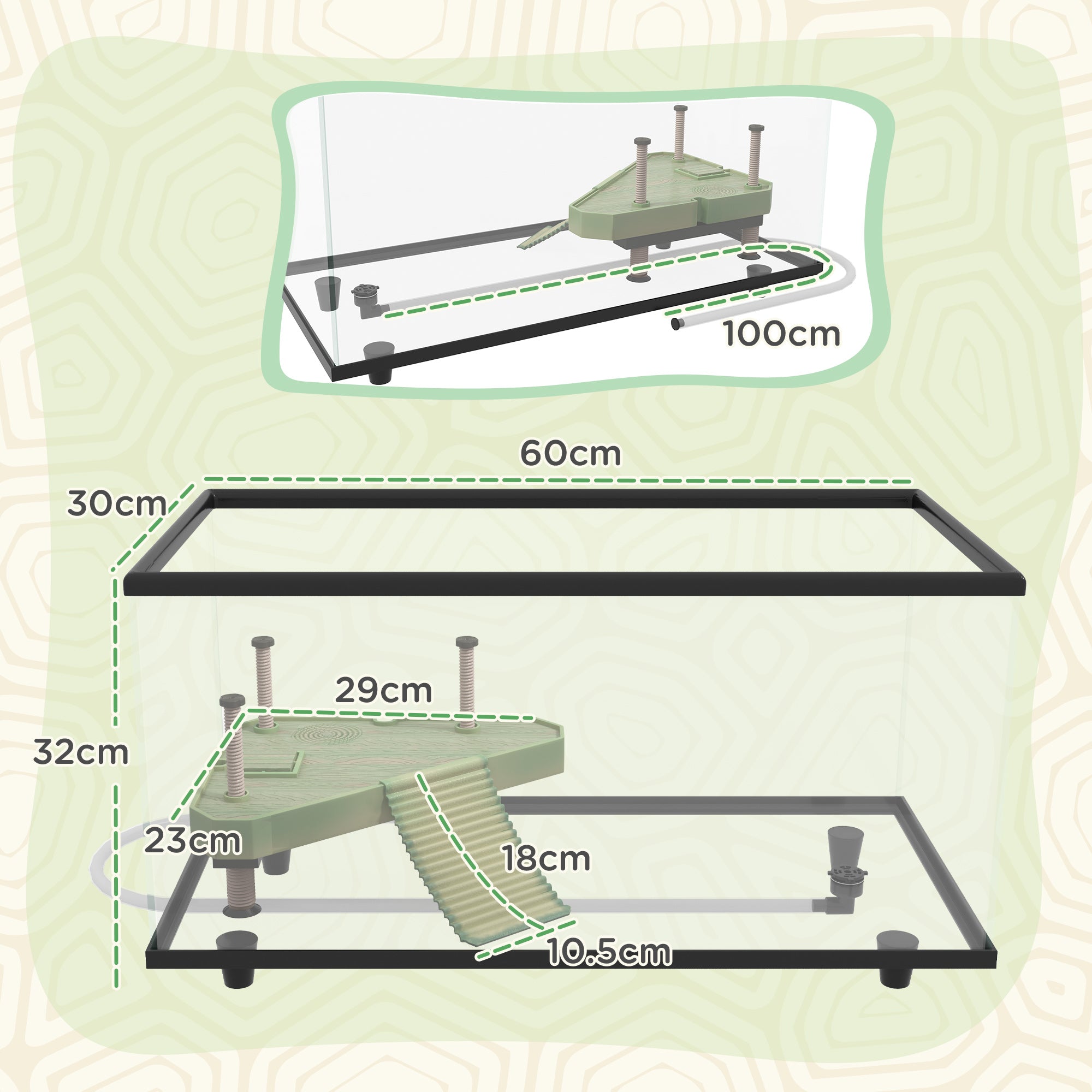 PawHut 50L Glass Turtle Tank Aquarium With Basking Platform, Easy Drainage, Strip Patch Thermometer
