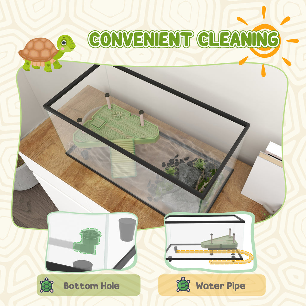 PawHut 50L Glass Turtle Tank Aquarium With Basking Platform, Easy Drainage, Strip Patch Thermometer