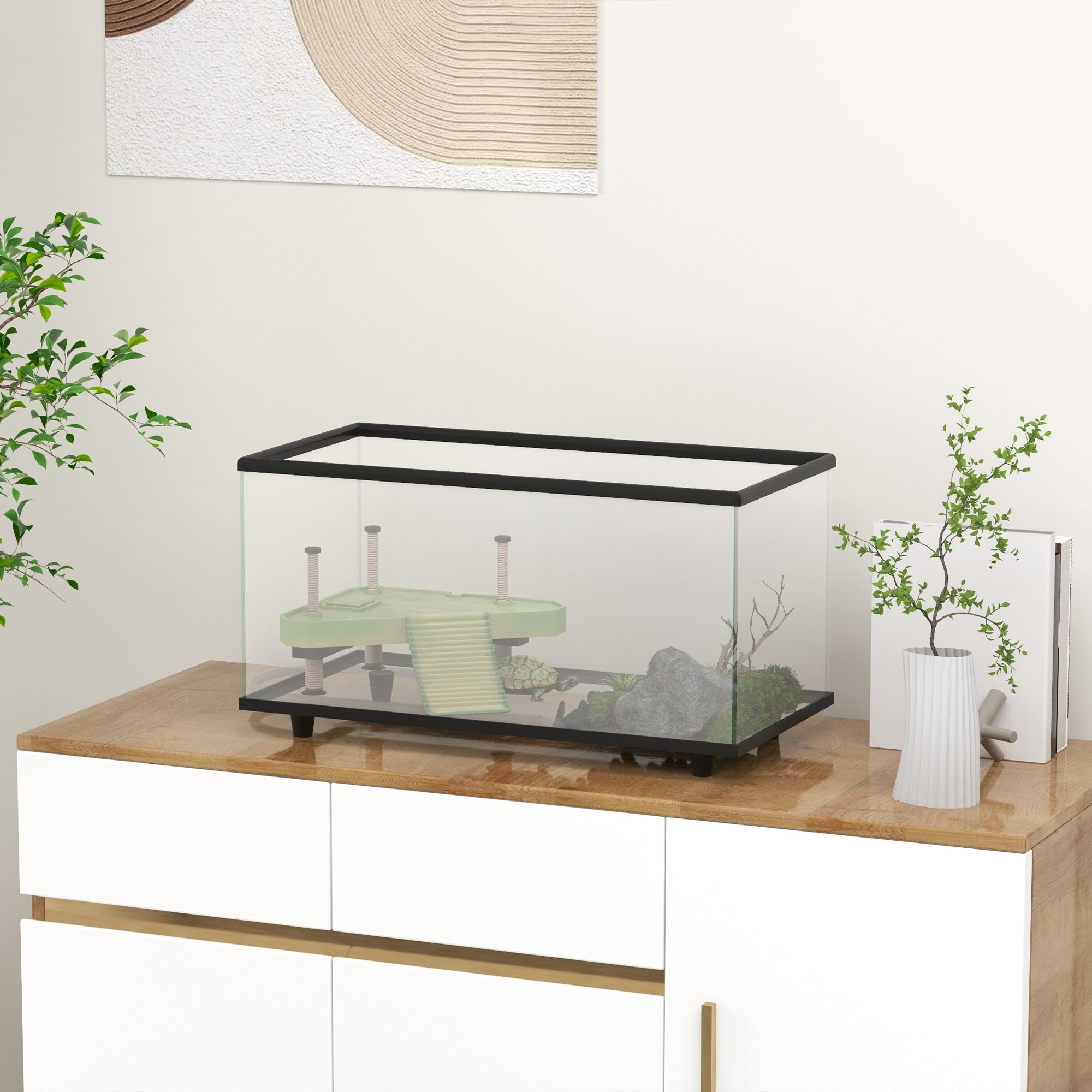 PawHut 50L Glass Turtle Tank Aquarium With Basking Platform, Easy Drainage, Strip Patch Thermometer